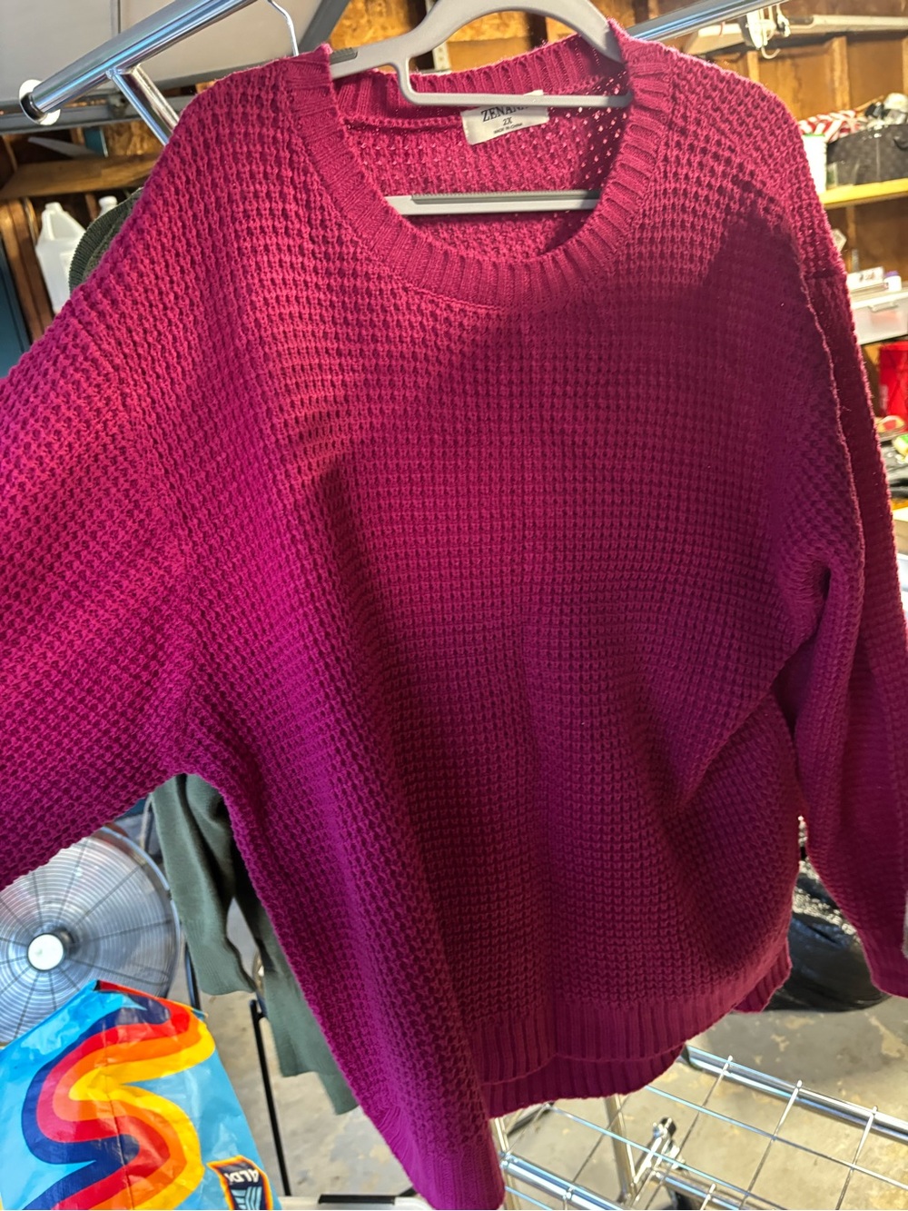 Zenana Outfitters Women's Fuchsia Waffle-Knit Crewneck Sweater